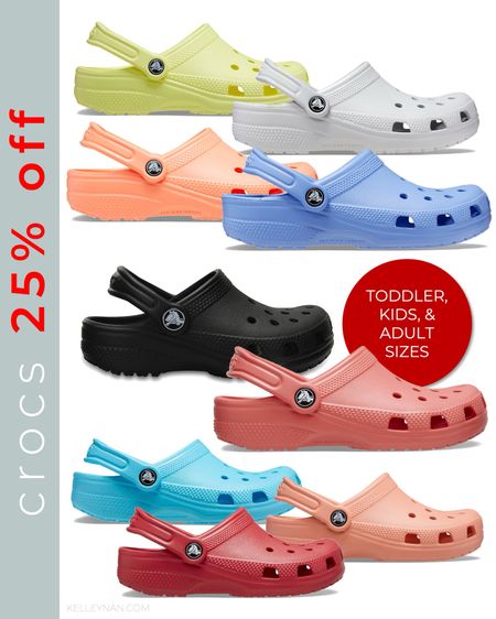 Crocs for toddlers, kids, and adults are 25% off today! Here are a few of the sample colors on deal right now… 

Back to school shoes sandals sides clogs academy sports kids shoes 

#LTKKids #LTKFamily #LTKSaleAlert