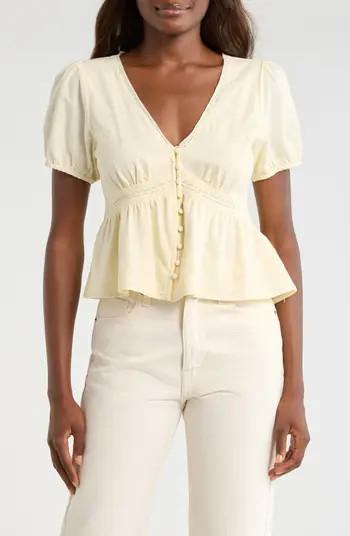 Lucky Brand Lace Detail Linen Blend Peplum Top | Nordstrom | Nordstrom