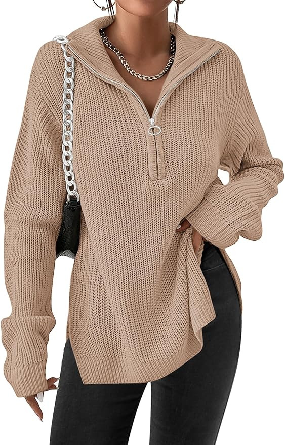 Zeagoo Women's Fashion 2023 Fall Quarter Zip Pullover Long Sleeve Oversized Knit Sweater Tops | Amazon (US)