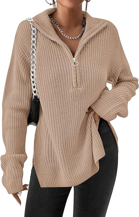 Zeagoo Women's Fashion 2023 Fall Quarter Zip Pullover Long Sleeve Oversized Knit Sweater Tops | Amazon (US)