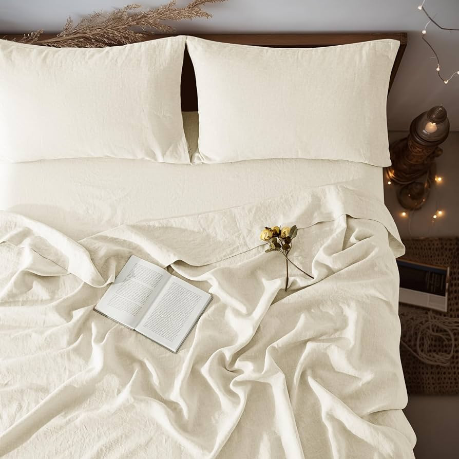 LBRO2M 100% Linen Sheet Set 16" Deep Pocket King Size,Bed Sheets 4 Piece Sets,Solid Color Natural... | Amazon (US)