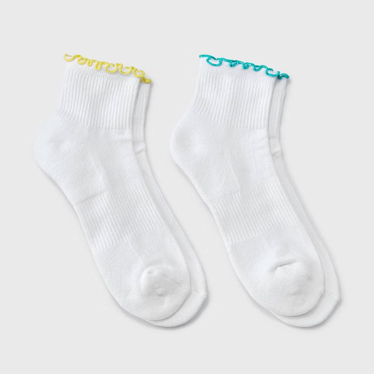 Women's Lettuce Edge Cushioned 2pk Ankle Socks - JoyLab™ White/Turquoise/Yellow 4-10 | Target