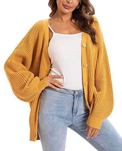 QUALFORT Women's Mustard Cardigan Sweaters for Women 100% Cotton Button-Down Long Sleeve Oversized Knit Outerwear Mustard X-Large | Amazon (US)