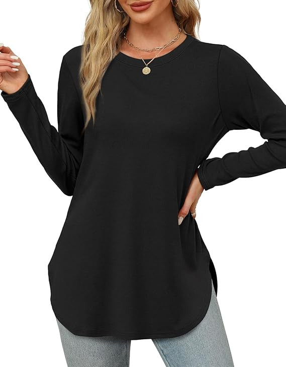 XIEERDUO Womens Long Sleeve Round Neck Shirts Side Split Basic Loose Tunic Tops Casual 2026 | Amazon (US)