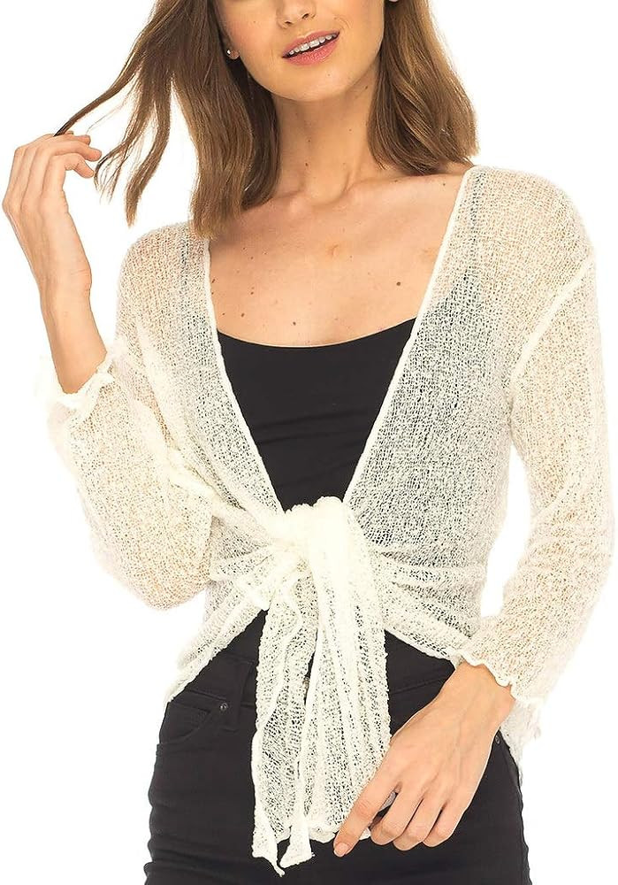 SHU-SHI Women\u2019s Sheer 3/4 Sleeve Shrug Lightweight Mesh Knit Dressy Summer Cover Up, Open Fr... | Amazon (US)