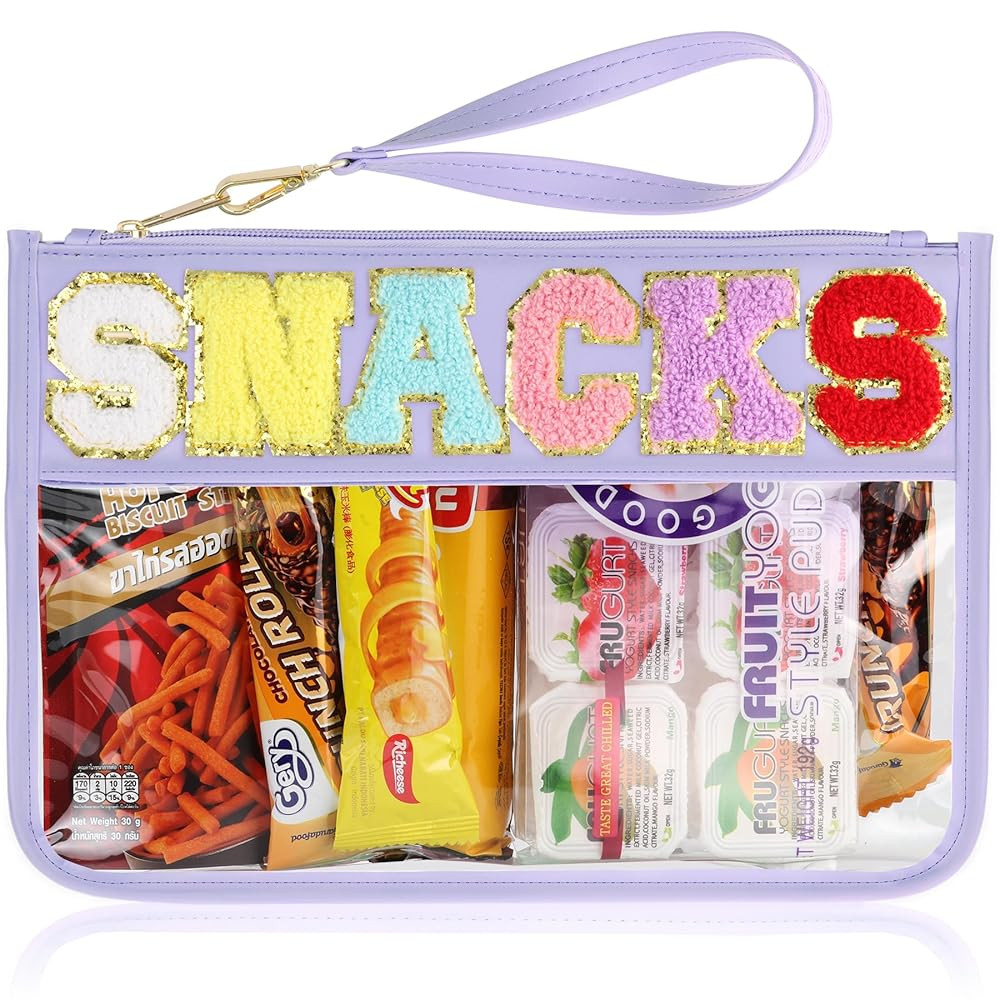 Snack Bag for Travel - Clear Chenille Varsity Letter Flat Pouch with Zipper, Waterproof Clear Nyl... | Amazon (US)