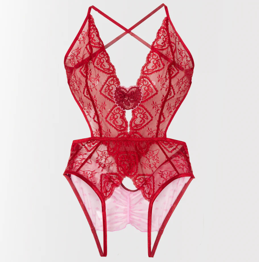 Heart Lace & Mesh Crotchless Teddy - Red | Mentionables