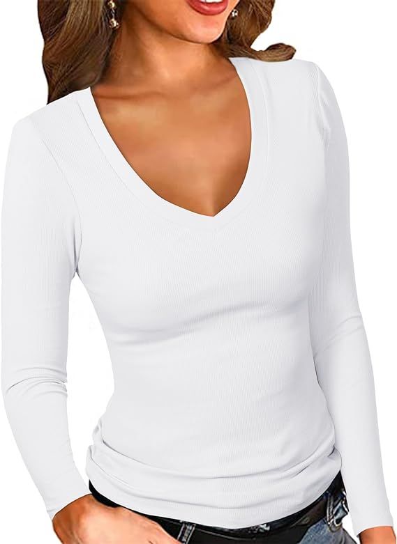 PALINDA Women's Ribbed V Neck Slim Fitted T Shirts Basic Solid Long Sleeve Layering Tee Tops | Amazon (US)