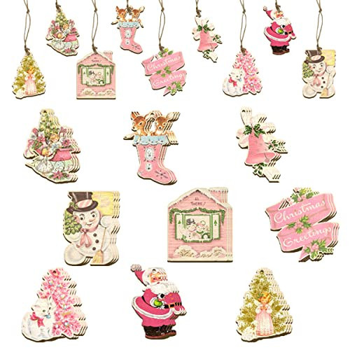 27Pcs Vintage Christmas Ornaments-Pink Christmas Decoration Vintage Style Santa Claus Snowman Deer Hanging Wooden Signs Pink Christmas Ornaments for Tree(Pink Christmas) | Amazon (US)