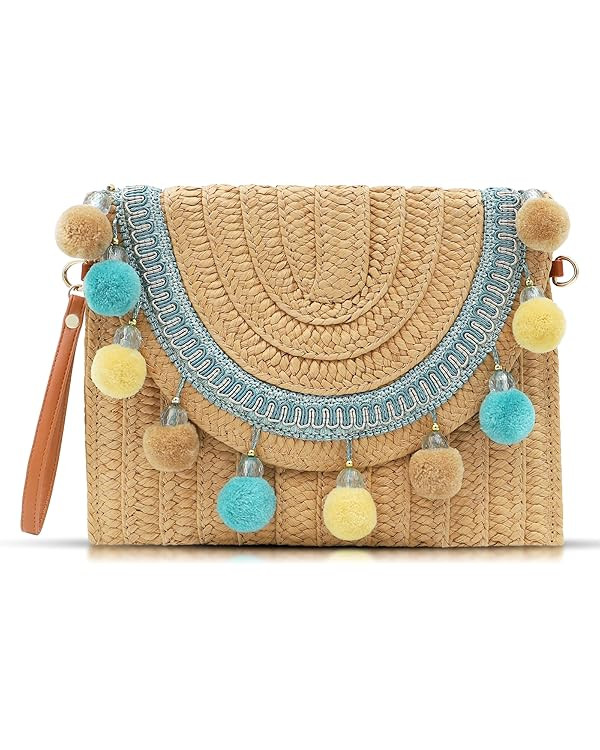 Straw Clutch Purses, Crossbody Bags for Women, Blue Hairball Clashing Pendant Envelope Package, B... | Amazon (US)