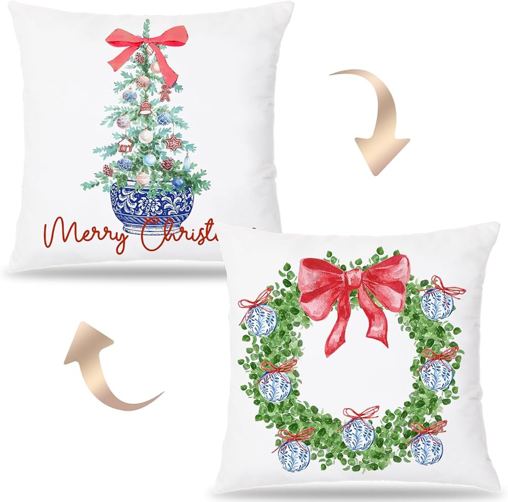Chinoiserie Christmas Pillow Covers 18x18 Double-Sided, Coquette Red Bow Christmas Tree Wreath Pi... | Amazon (US)
