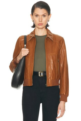 NILI LOTAN Sue Leather Bomber Jacket in Cognac | FWRD 