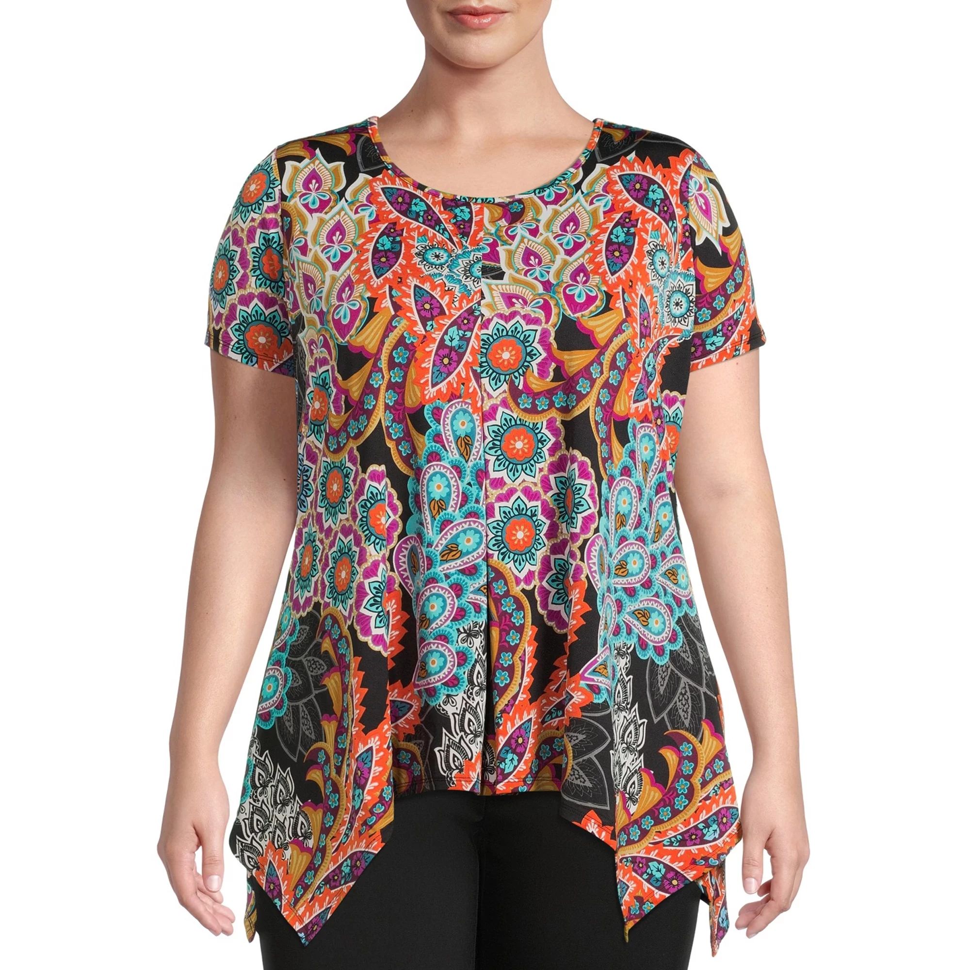 Allison Taylor Women's Plus Size Printed Short Sleeve Top with Sharkbite Hem | Walmart (US)