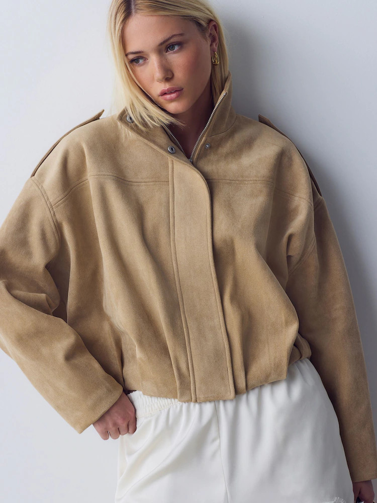 Buy Tan Brown Faux Suede Funnel Neck Bomber Jacket from Next USA | Next US