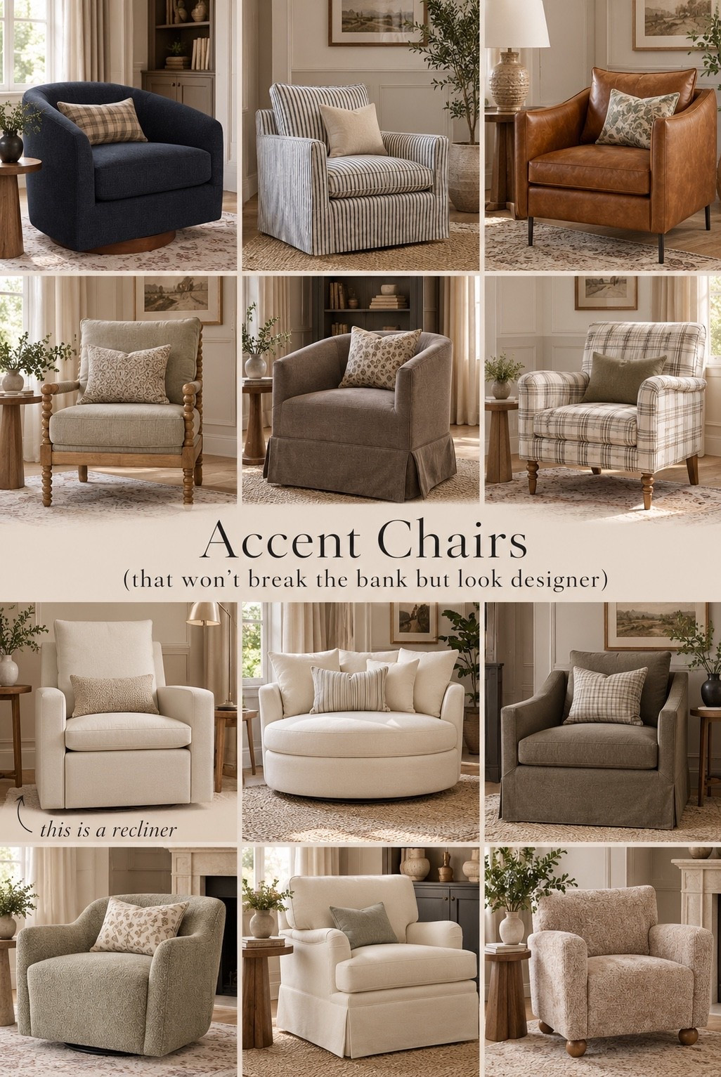 Gorgeous accent chairs that won't break the bank but still look high end. Love these chairs and I cannot believe the one is a recliner! These are all so affordable.

Barrel accent chair, recliner, leather accent chair, swivel chair, living room, family room 

#LTKHome #LTKSaleAlert