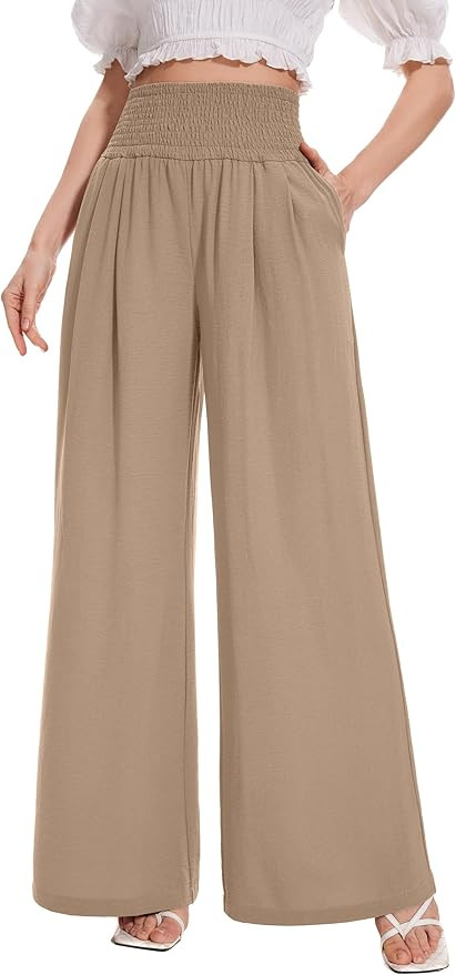 FUNYYZO Womens Palazzo Pants Elastic Waisted Pull On Trousers Casual Wide Leg Long Lounge Pants w... | Amazon (US)