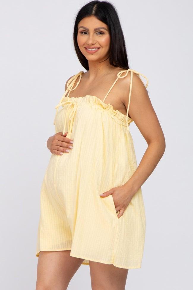 Yellow Shoulder Tie Ruffle Square Neck Maternity Romper | PinkBlush Maternity