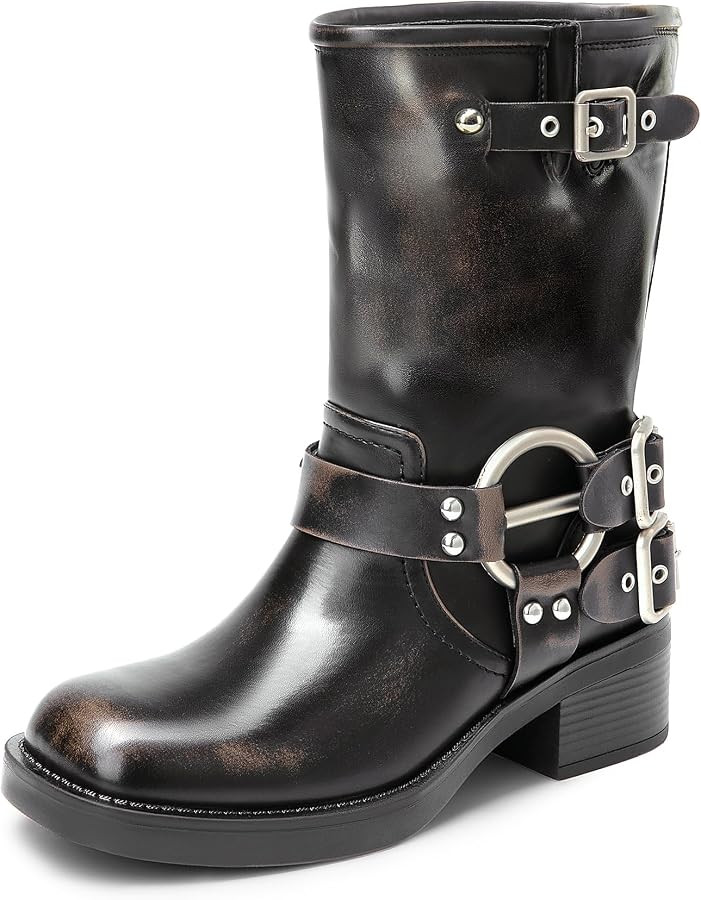 DREAM PAIRS Mid Calf Boots for Women, Square Toe Motorcycle Boots with Buckles, Women's Riding Bi... | Amazon (US)