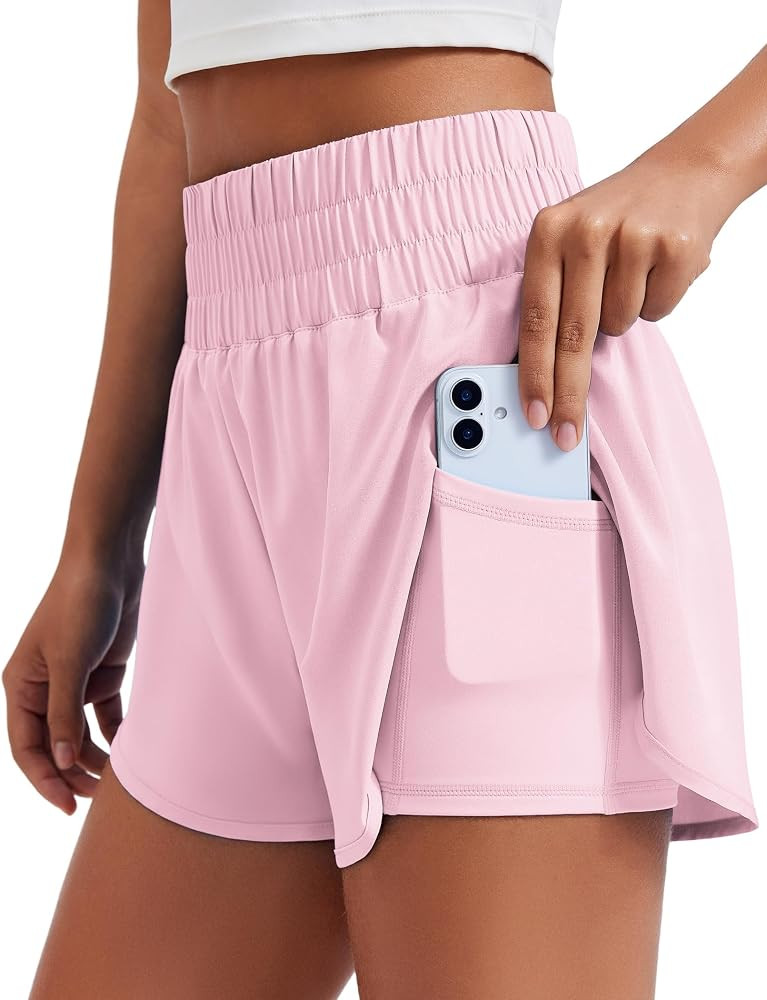 PINSPARK Women's 2 in 1 Running Shorts High-Split Athletic Short High Waisted 3" Liner Workout Gy... | Amazon (US)