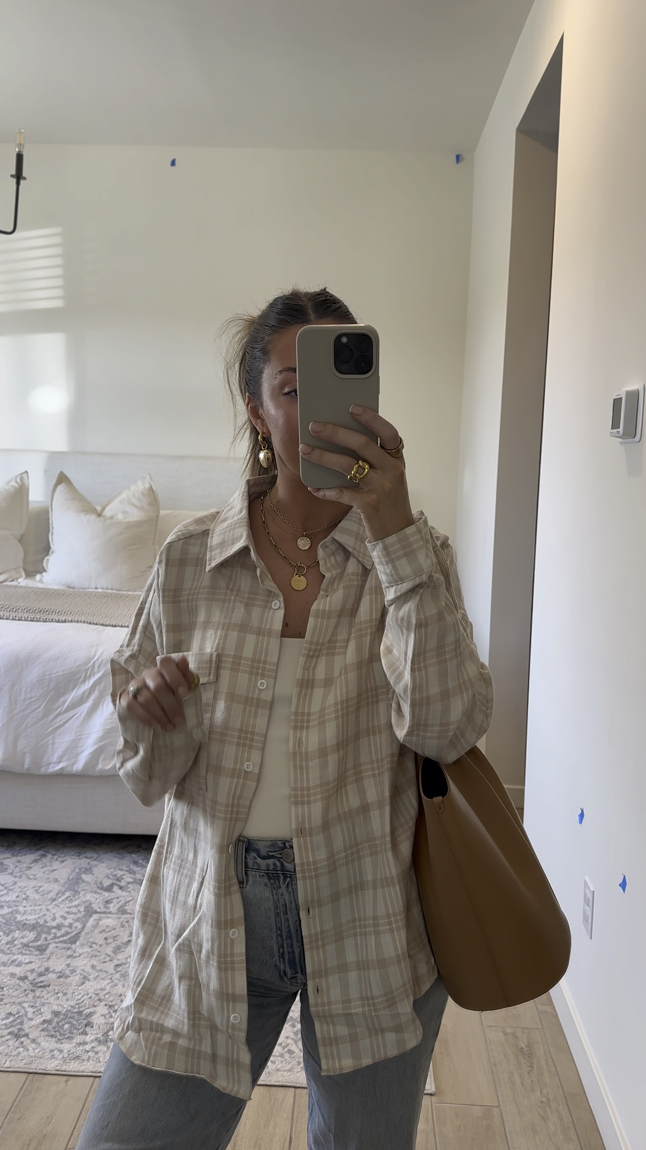 Medium in tan plaid oversized shirt! Love this for fall! 27 in jeans! 🤍 NICOLEC for 30% off pink lily 

#LTKFallSale