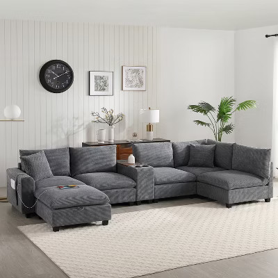 140'' Oversized U-Shaped Modular Sectional Sofa with Ottoman Console USB Charger Cup Holder Storage Corduroy Upholstery 6 Seats for Living Room | Target