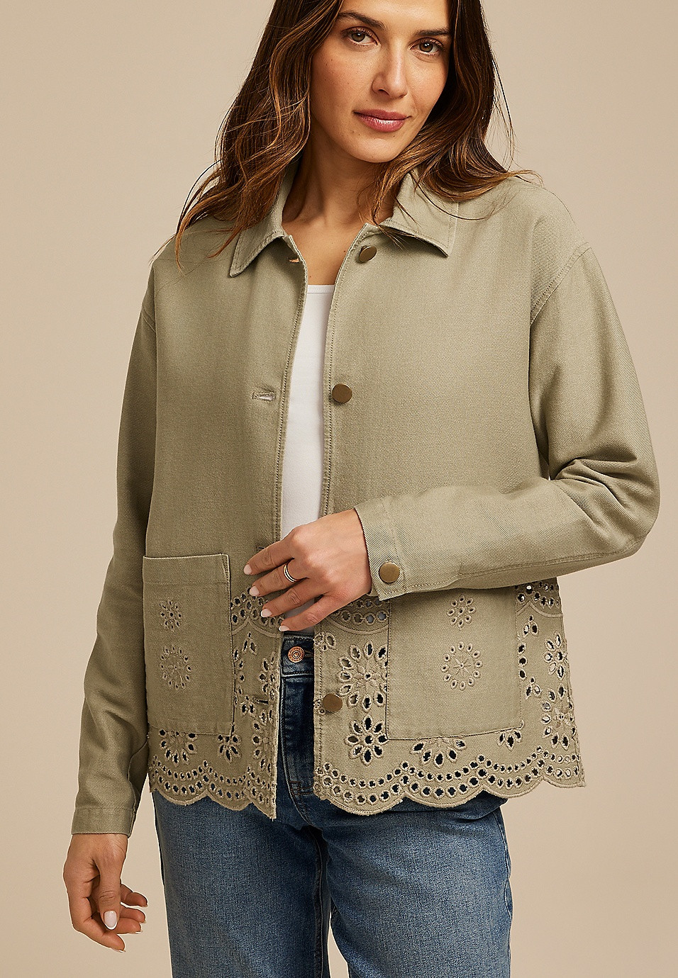 Eyelet Scallop Hem Twill Jacket | Maurices