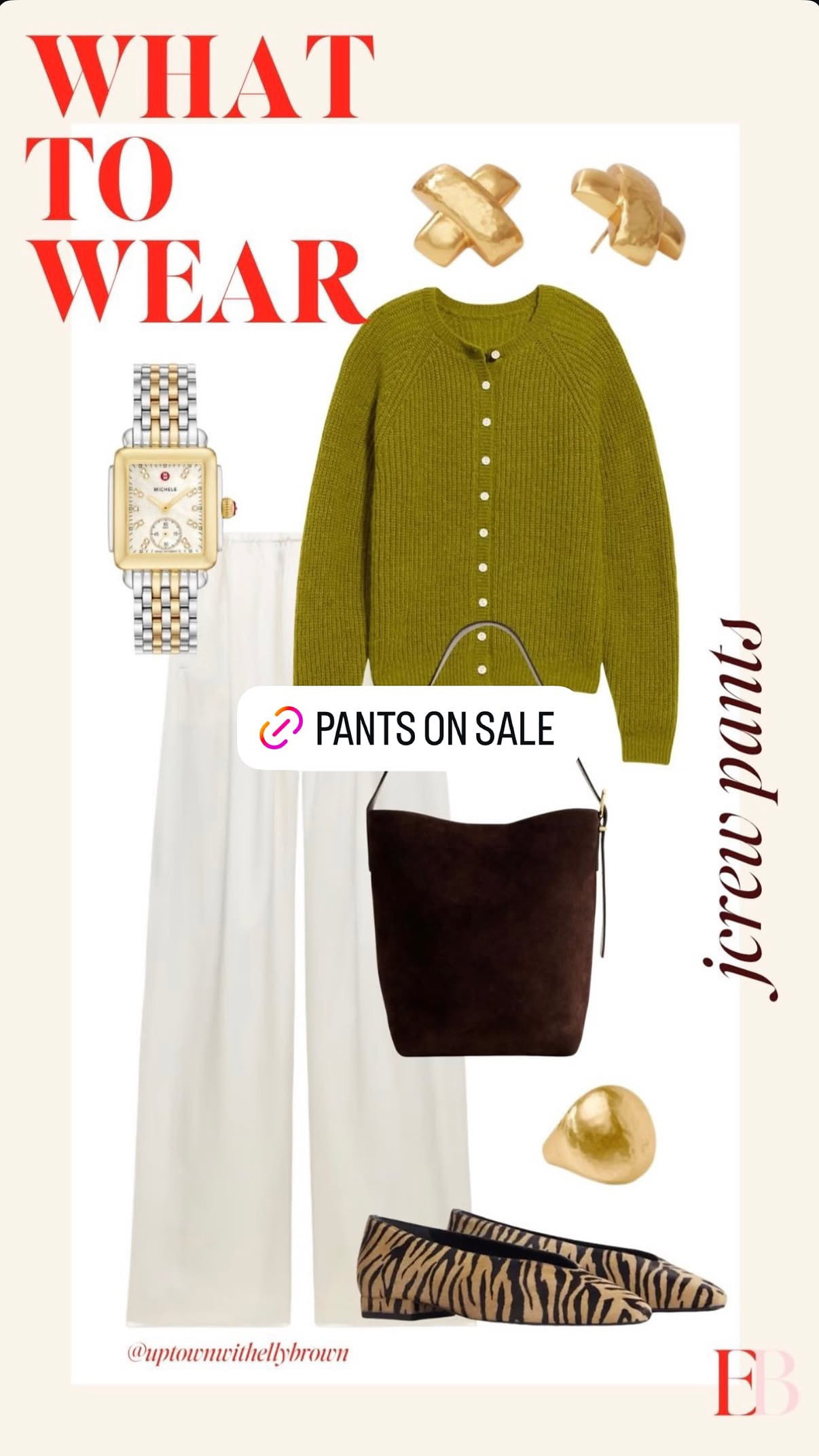 The J.Crew pants are on sale, so this is your sign. Winter white wide legs with an olive cardigan, a chocolate suede bucket bag, and tiger flats is fall done right, not beige done basic. Gold X earrings and a dome ring finish it. Two-tone watch because mixing metals is allowed, and you should be doing it. 

 #LTKootd