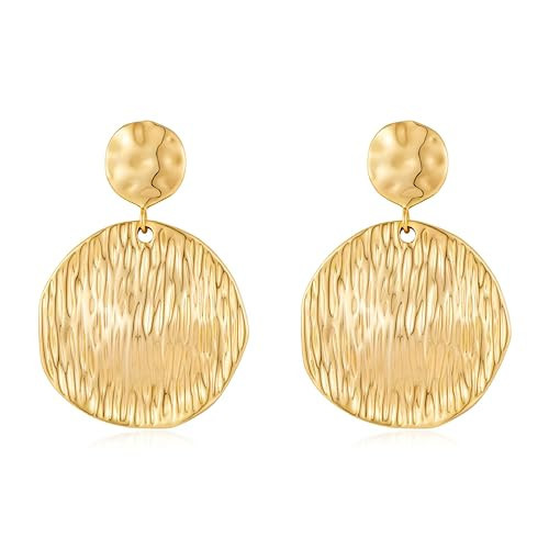 RAUCHBE Big Gold Hammered Earrings for Women Vintage Disc Dangle Earrings Jewelry | Amazon (US)