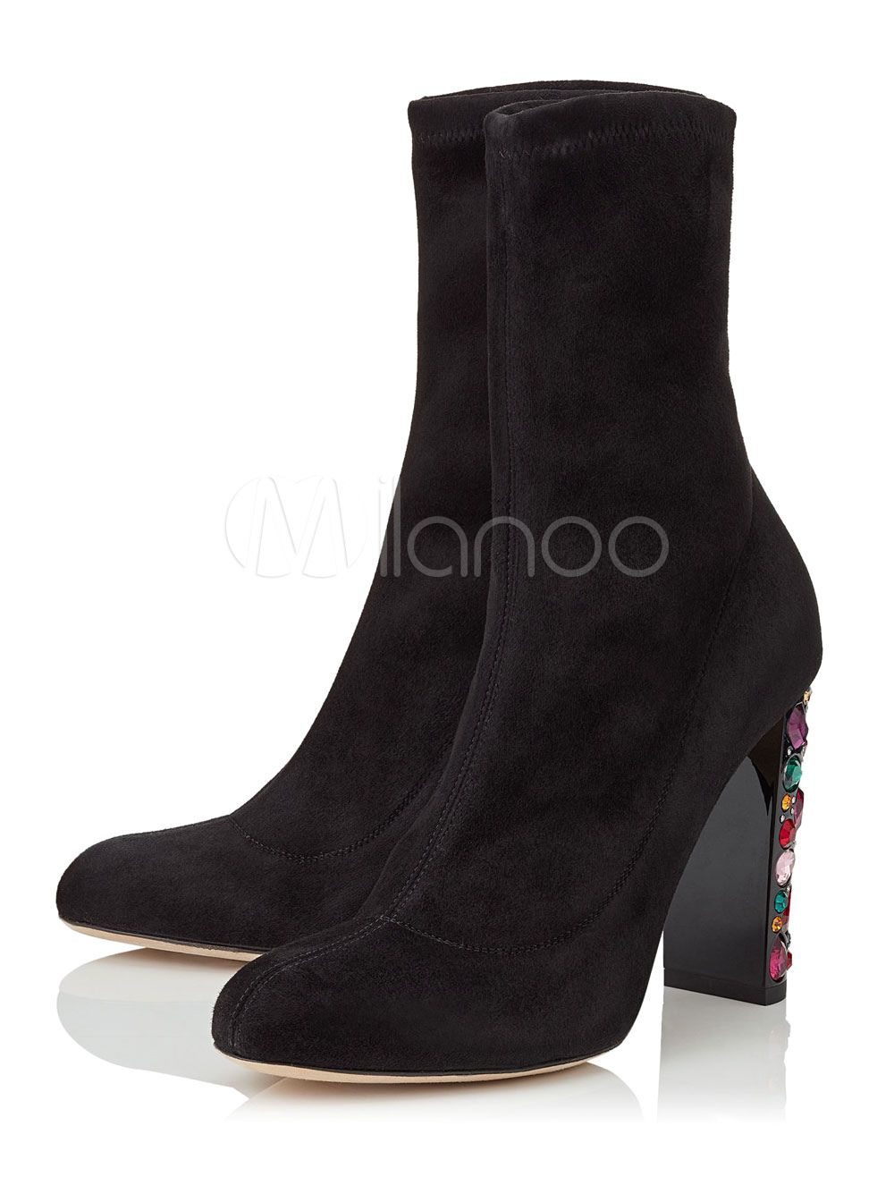Black Ankle Boots Chunky Heel Round Toe Rhinestones Suede Winter Booties For Women | Milanoo