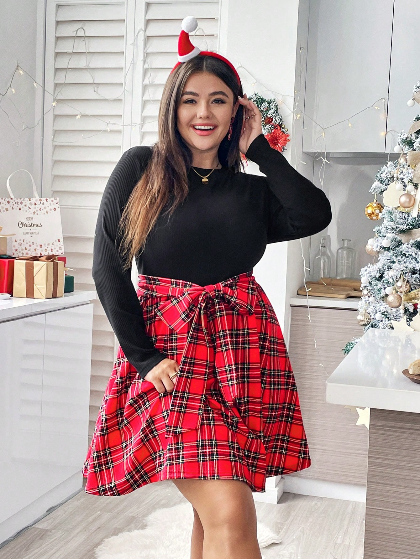 SHEIN Essnce Plus Tartan Print Belted Dress | SHEIN