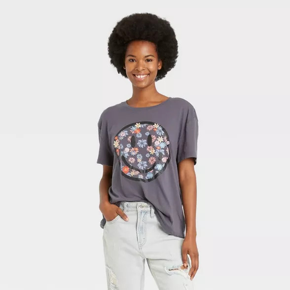 Women's Embroidered Smiley Face Short Sleeve Graphic T-Shirt - Charcoal Gray | Target