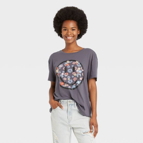 Women's Embroidered Smiley Face Short Sleeve Graphic T-Shirt - Charcoal Gray | Target