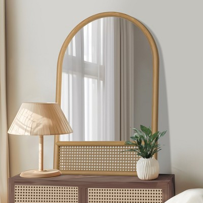 Dovelina Arched Wood Frame Decorative Wall Mirror with Bottom Rattan Hanging Mirror - 36"x24",Natural Wood | Target