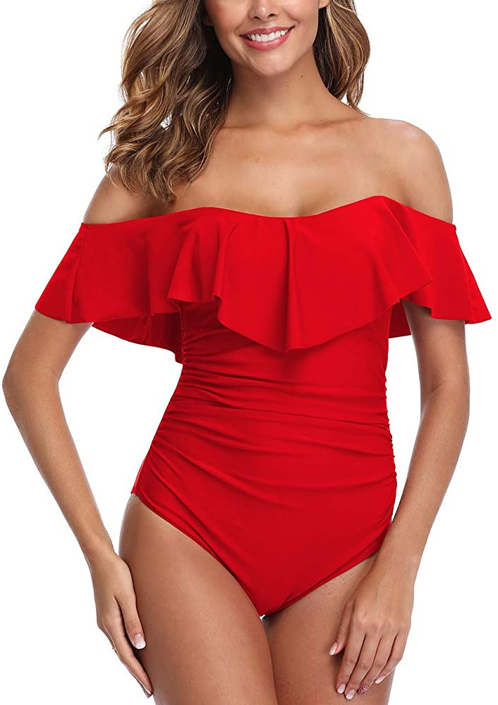 Womens Retro One Piece Bathing Suit Tummy Control Off Shoulder Swimsuits Flounce Ruffle... | Amazon (US)