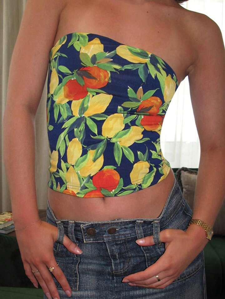 Women'S Lemon Print Bandeau Top | SHEIN