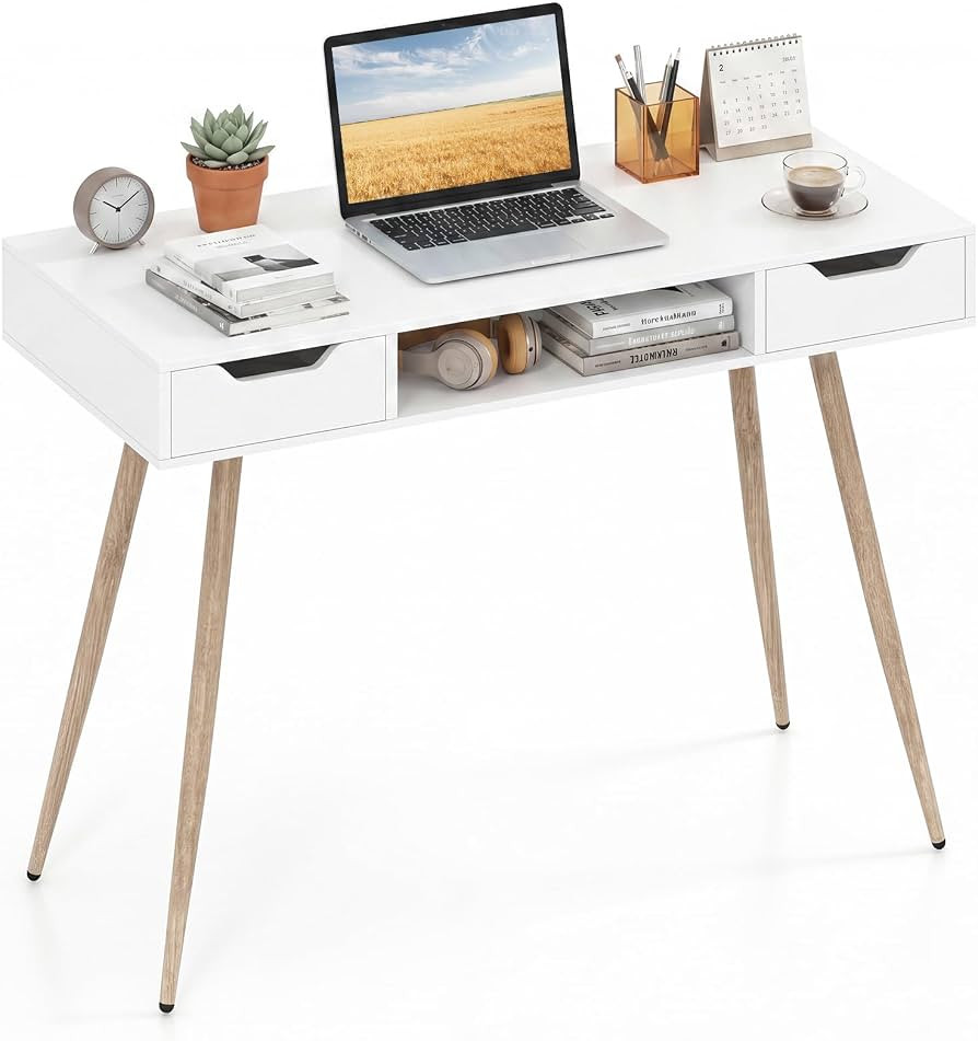 GIANTEX White Computer Desk with Drawers, 42.5" Minimalist Mid Century Modern Vanity Writing Desk with Open Storage Cubby & Metal Leg, Compact Wooden Study Table for Small Spaces Home Office (White) | Amazon (US)