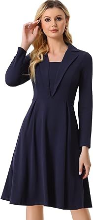Allegra K Women's Elegant Office Dresses Square Neck Long Sleeve Pleated A-line Dress | Amazon (US)
