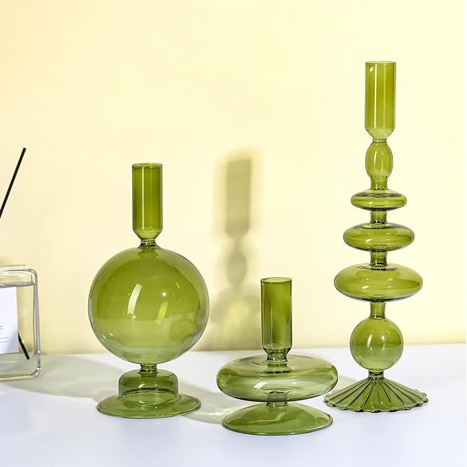 Rtteri 3 Pcs Wavy Glass Taper Candle Holders - Elegant Green Vases for Home Party Centerpieces | Amazon (US)