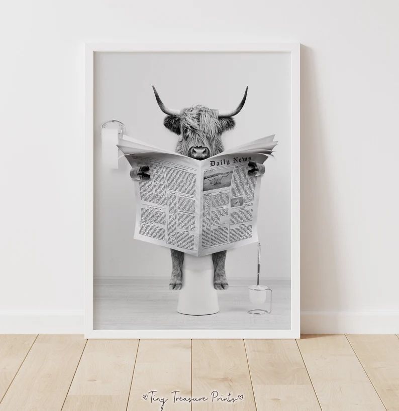 Scottish Highland Cow in Bathroom, Bathroom Humor, Funny Bathroom Print, Animal on toilet, Black ... | Etsy (US)