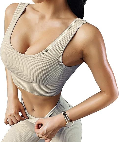 Exercise Outfits for Women 2 Pieces Ribbed Seamless Yoga Outfits Sports Bra and Leggings Set Trac... | Amazon (CA)