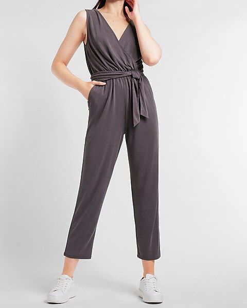 Silky Sueded Jersey Belted Wrap Lounge Jumpsuit | Express
