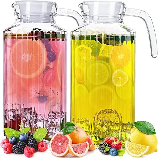 2 Pcs Glass Pitcher with Lid and Spout Ribbed Fridge Pitcher Clear Glass Water Pitcher with Handl... | Amazon (US)