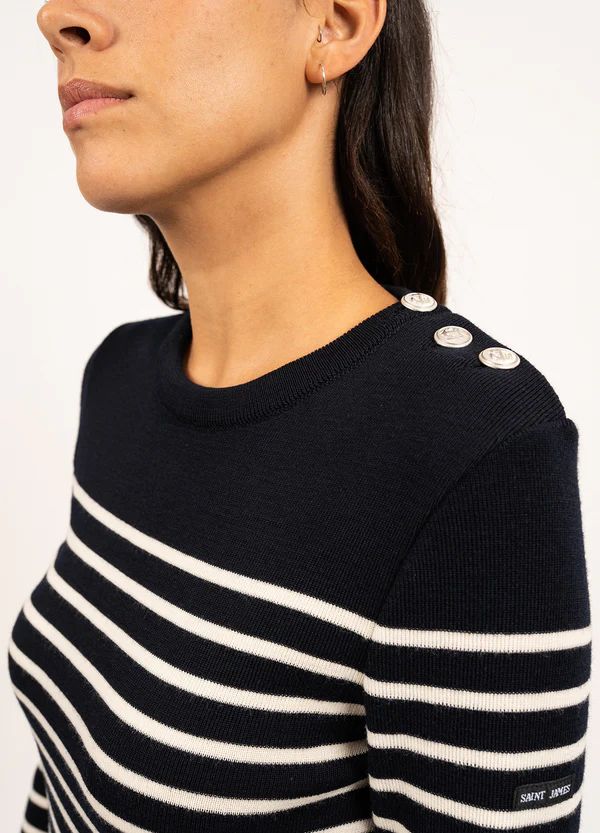 MAREE - Striped Sweater with Button Shoulder in Pure Merino Wool | Slim Fit (NAVY / IVORY) | Saint James USA