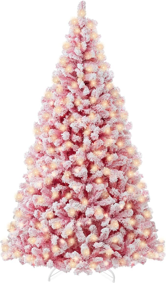 Best Choice Products 6ft Pre-Lit Pink Christmas Tree, Artificial Snow Flocked Full Fir Tree, Holi... | Amazon (US)