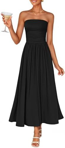ZESICA Vestido midi sin mangas de verano para mujer, 2026, sin tirantes, fruncido, acampanado, su... | Amazon (US)