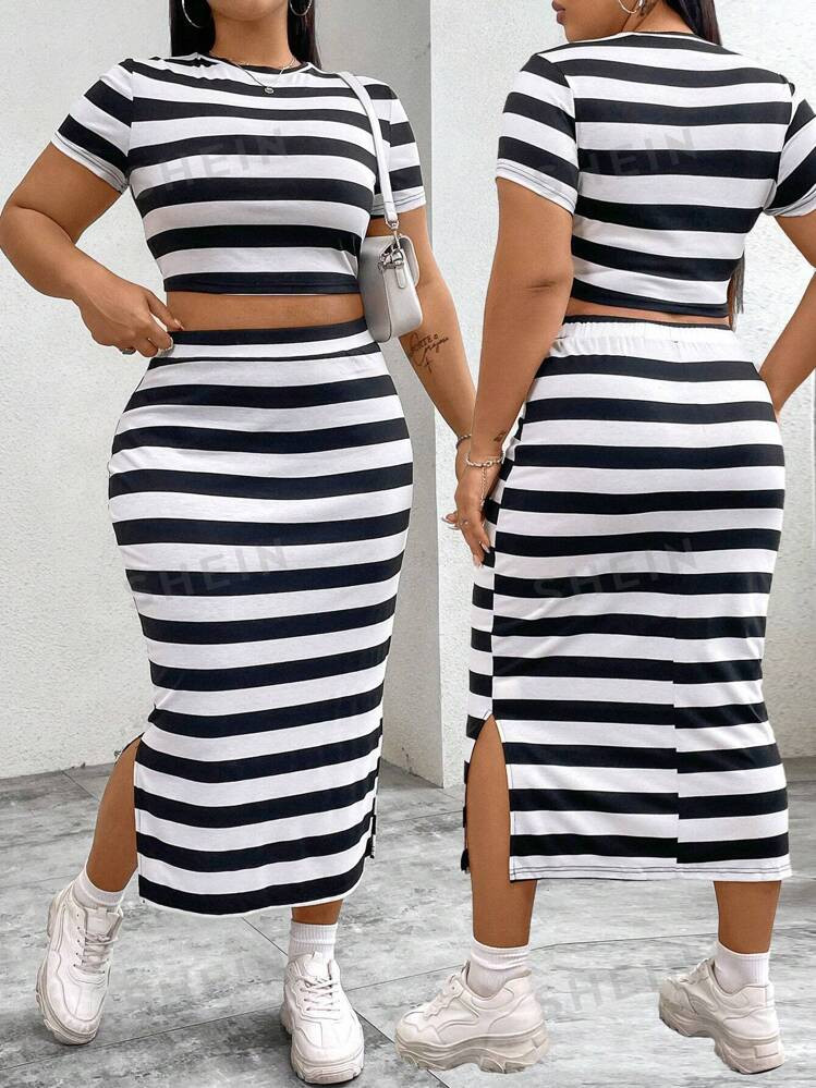 SHEIN EZwear Plus Size Striped Round Neck Top + Skirt = 2 Piece Set | SHEIN USA | SHEIN
