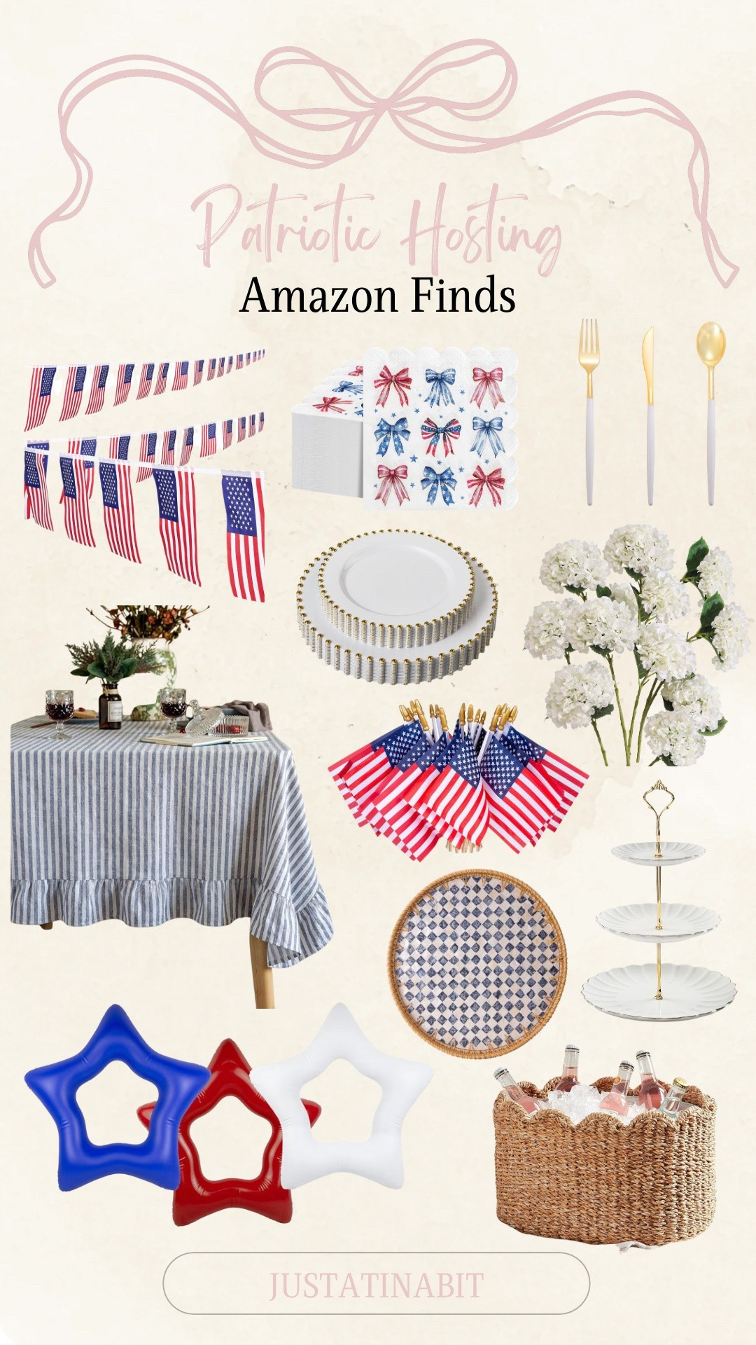 Patriotic Hosting! Amazon Finds 

Scallop woven tub, cake stand, American Flag cocktail picks, flowers, dinner plates, napkins, tablecloth, American Flags on stick, banner, stars inflatable pool floaties, silverware

#LTKsummer #LTKhome #LTKfestival