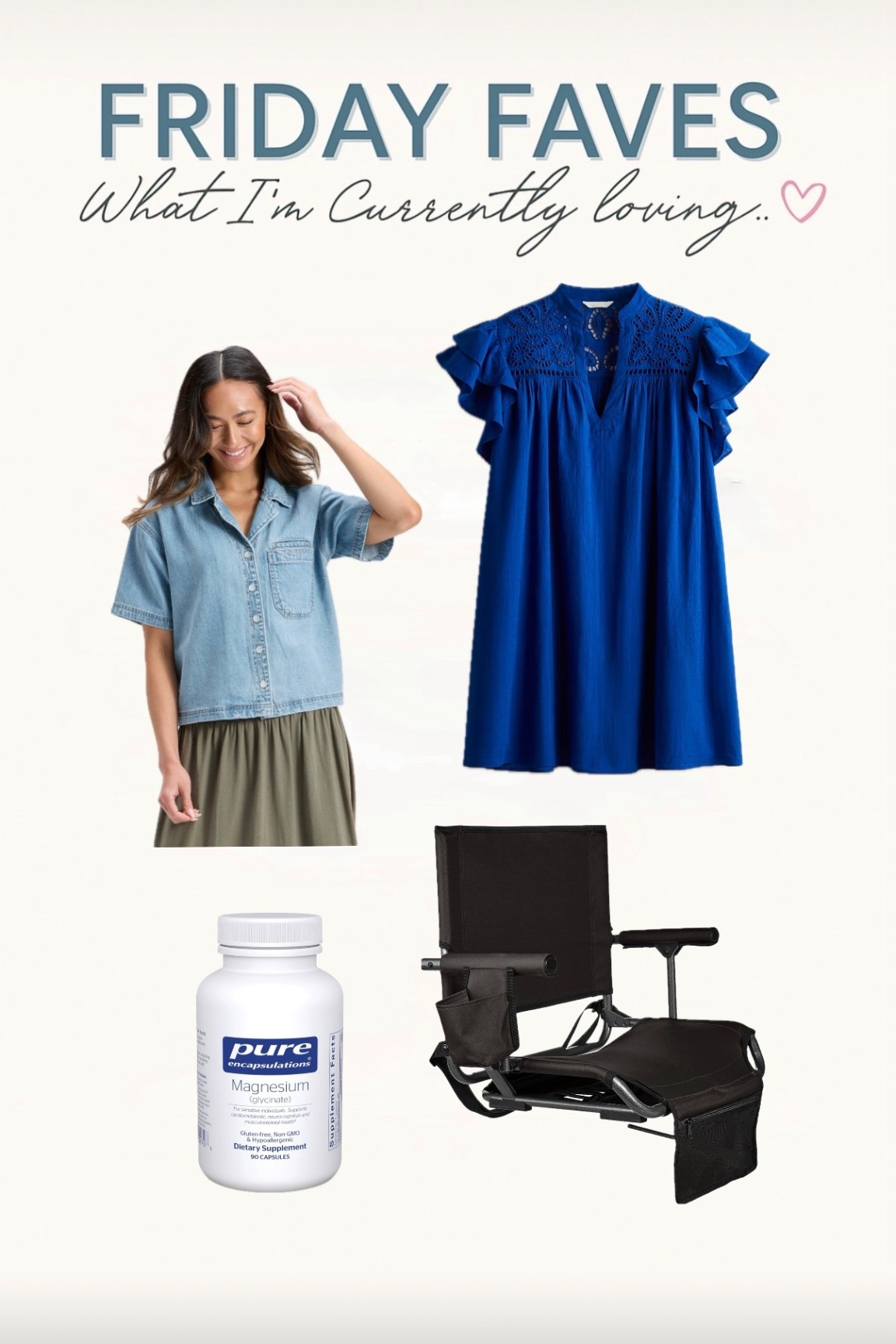 ✨ Friday Faves ✨
Here’s what I’m loving right now ⬇️

👖 This denim shirt is the easiest layer for fall—lightweight, comfy, and goes with everything.

💙 This dress is on repeat—so easy to wear, budget-friendly, and it comes in 4 colors!

💊 Y’all know I’ve been talking about magnesium—this one is my go-to for sleep, stress + muscle recovery.

🏈 Friday Night Lights ready 🙌 This stadium seat is tried + true. Beyond comfortable and saves your back (a total game day essential).

#LTKFindsUnder50 #LTKStyleTip