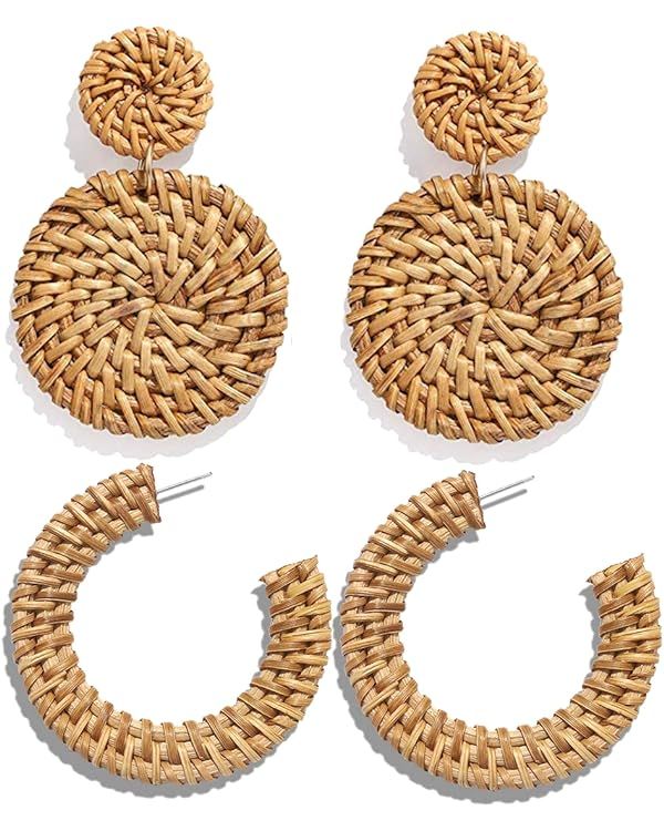 Rattan Earrings Statement Hoop Earrings for Women Straw Earrings Woven Dangle Drop Earrings (Ratt... | Amazon (US)