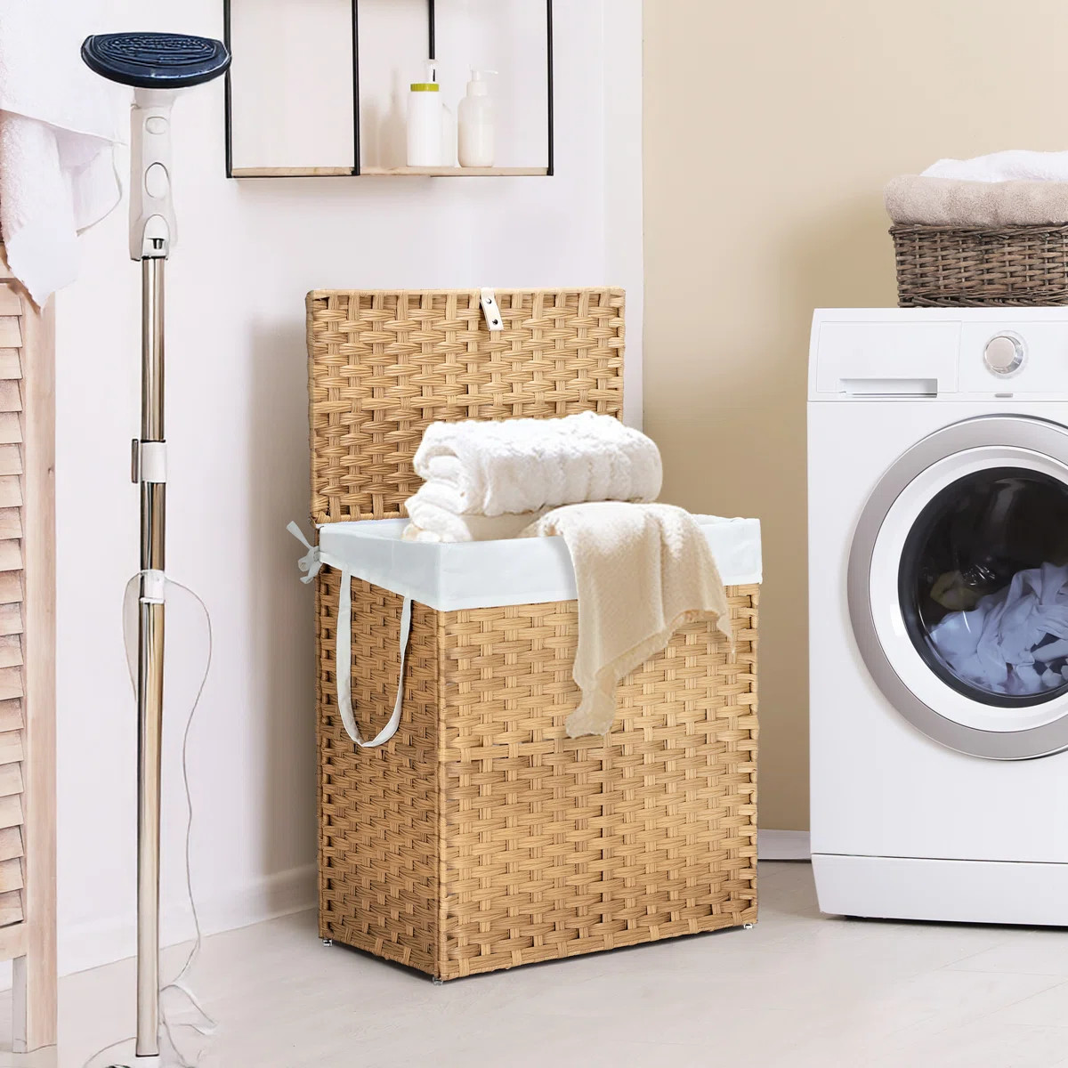 Wicker Laundry Hamper with Lid, 90L/110L Storage Capacity Wicker Clothes Basket with Handle and R... | Wayfair North America